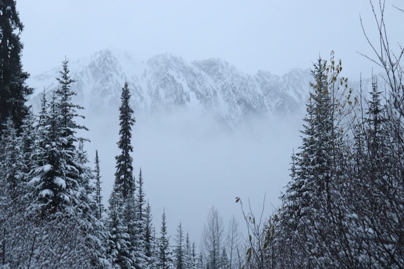 A view of a mountain covered in snow