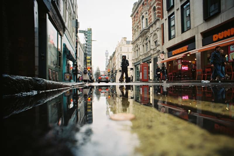 City street with reflections in puddles after rain