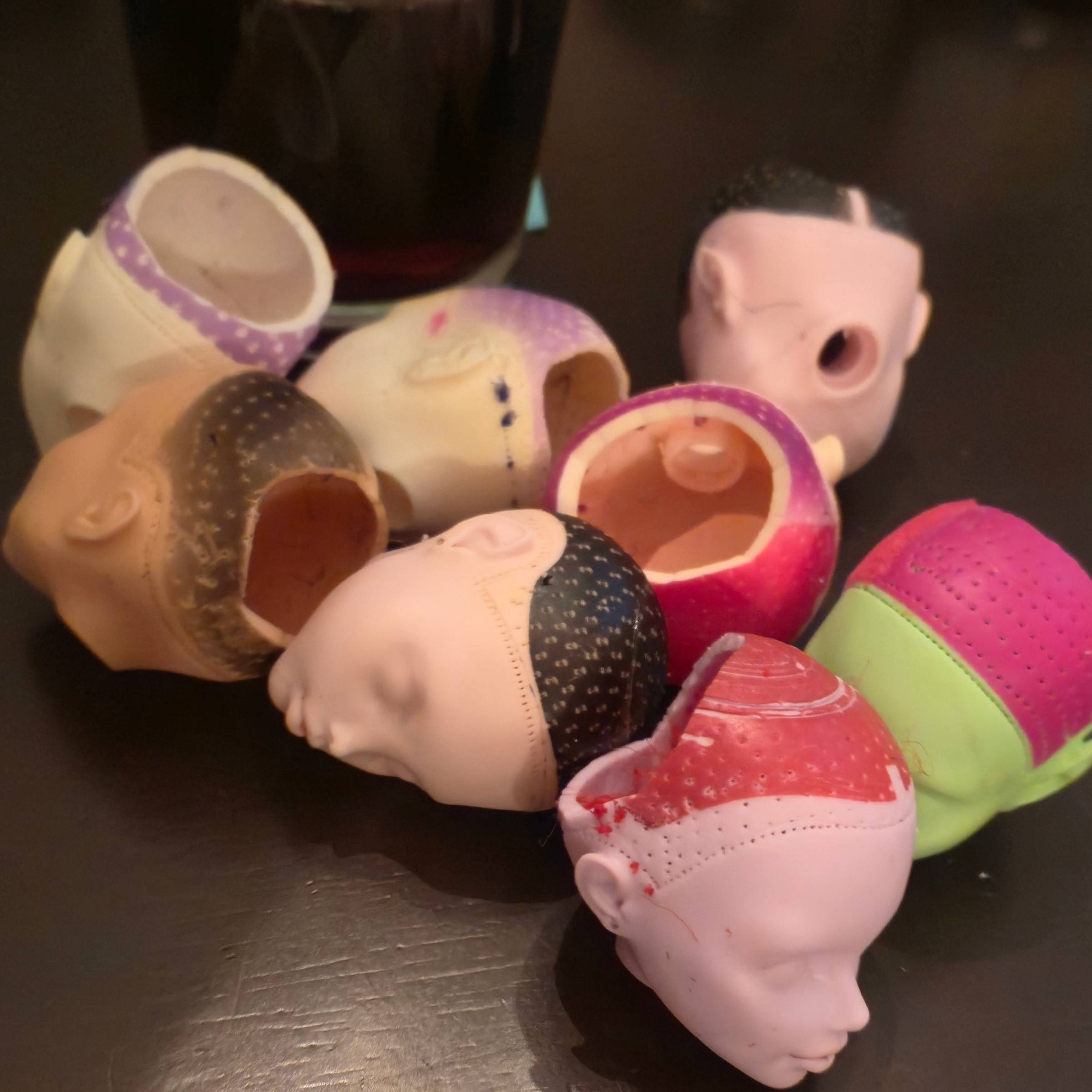 monster high doll heads cut open and cleaned of faces and hair
