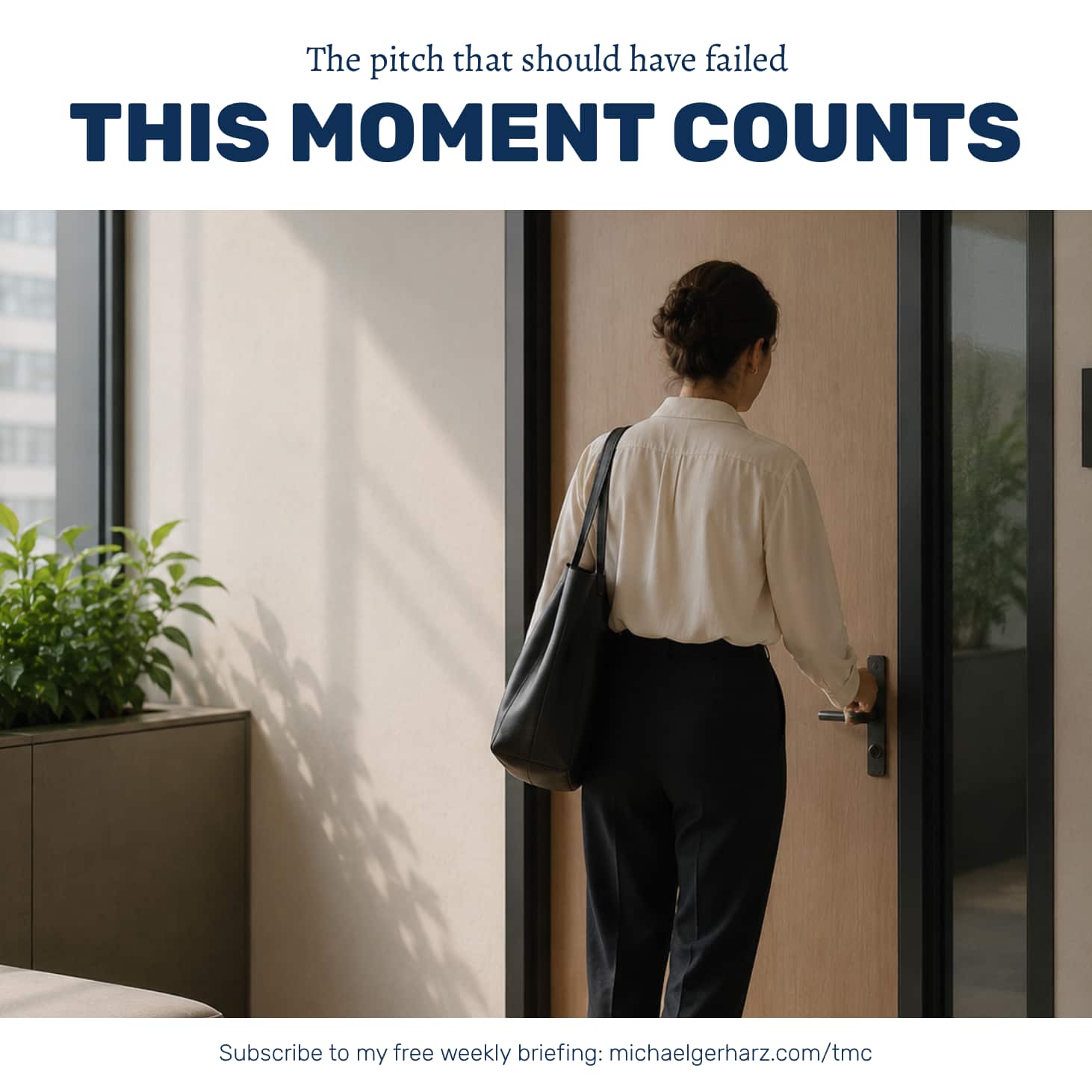 A woman about to enter a meeting room