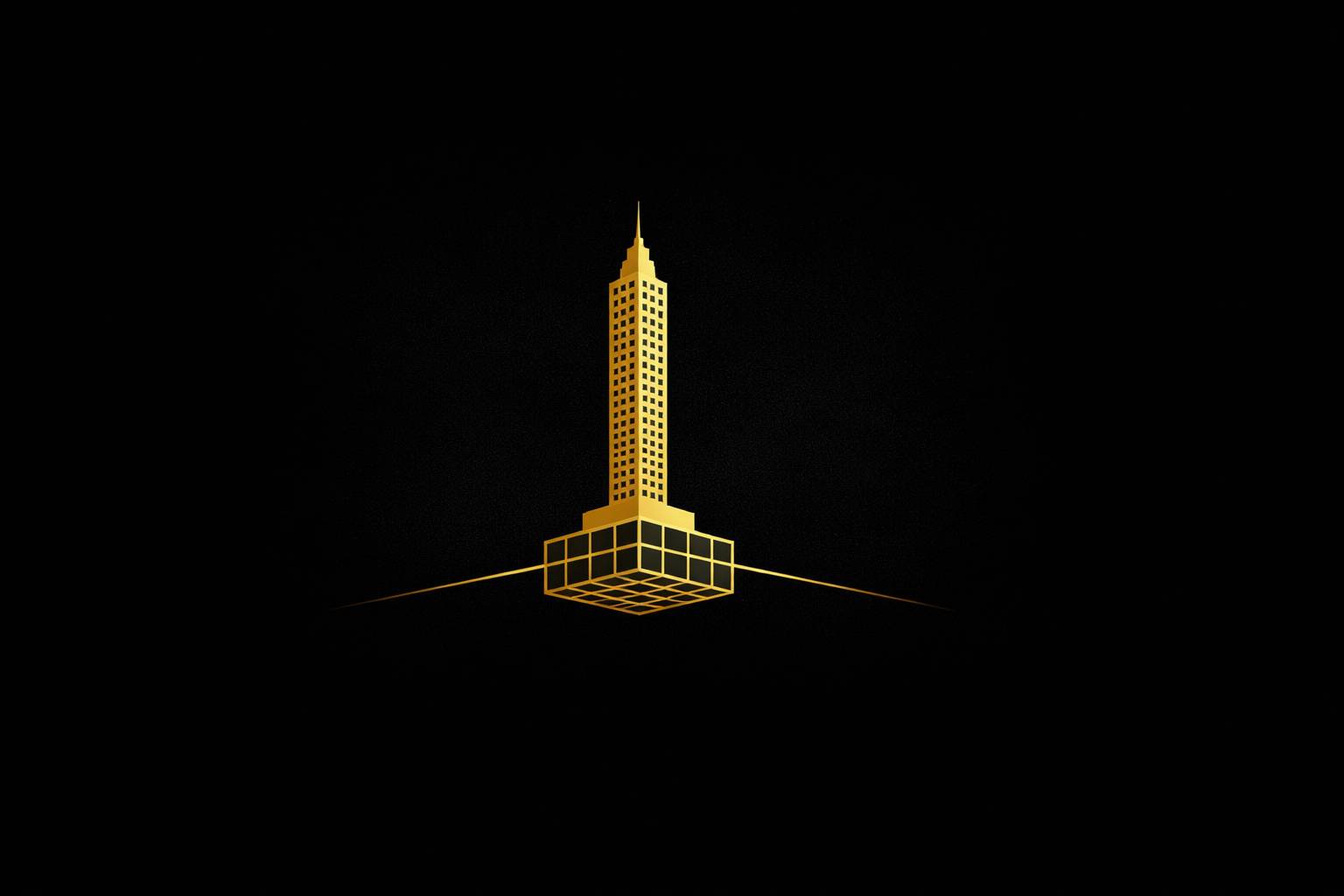 Minimal gold skyscraper with dark windows rising from a highlighted foundation on a black background, symbolising the foundation of a personal brand.