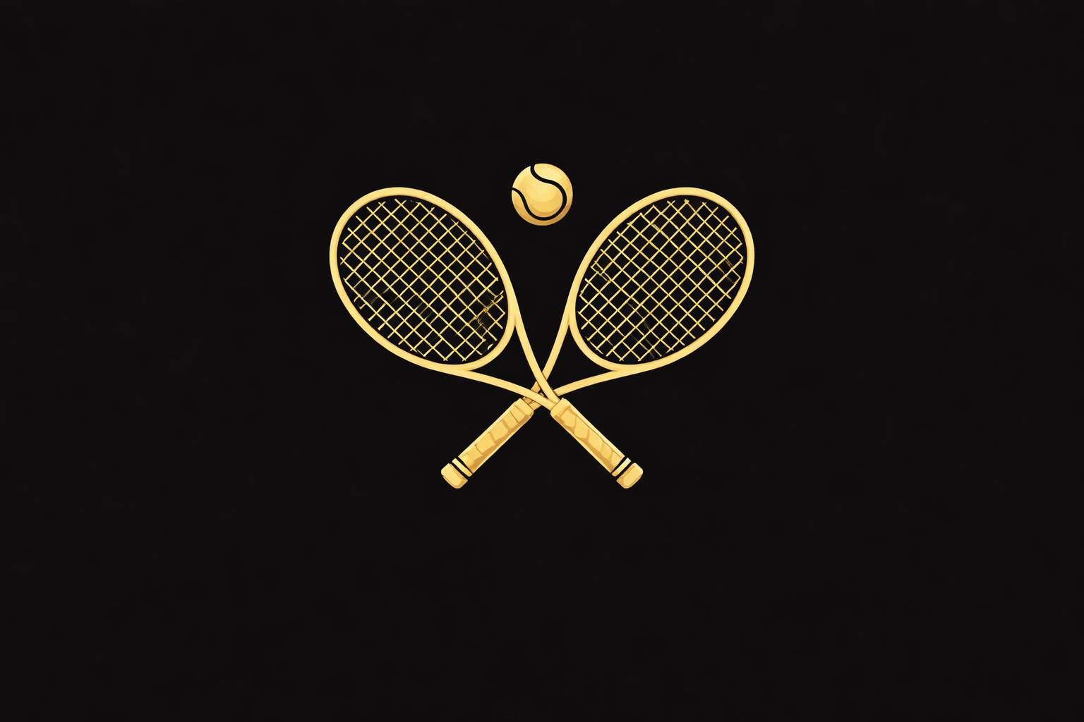 Two refined gold tennis rackets crossed with a small tennis ball above, set on a black background in a clean, minimal, line-art style.