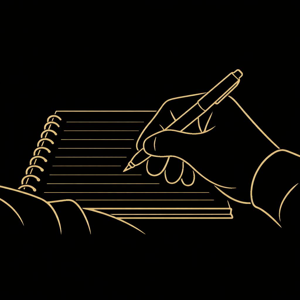 Minimal black-and-gold line drawing from a first-person view of a hand writing in a lined notebook with a pen.