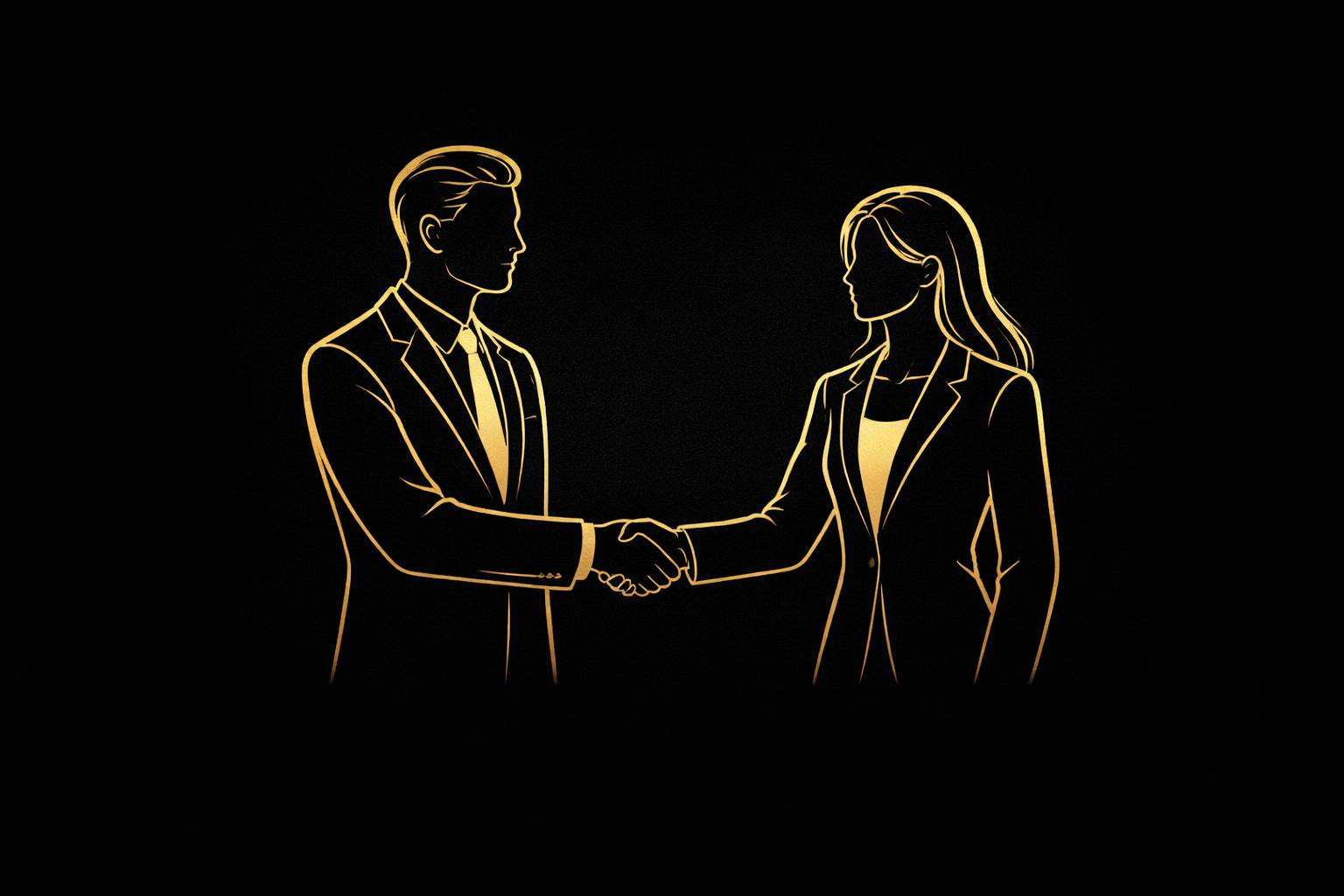 Minimal gold line illustration of a man and woman in suits shaking hands on a black background, symbolising building your personal brand.