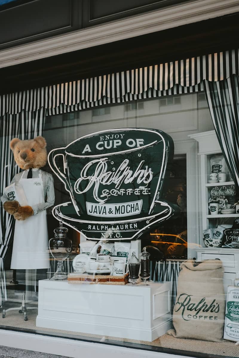 Ralph's coffee shop's window display is charming.