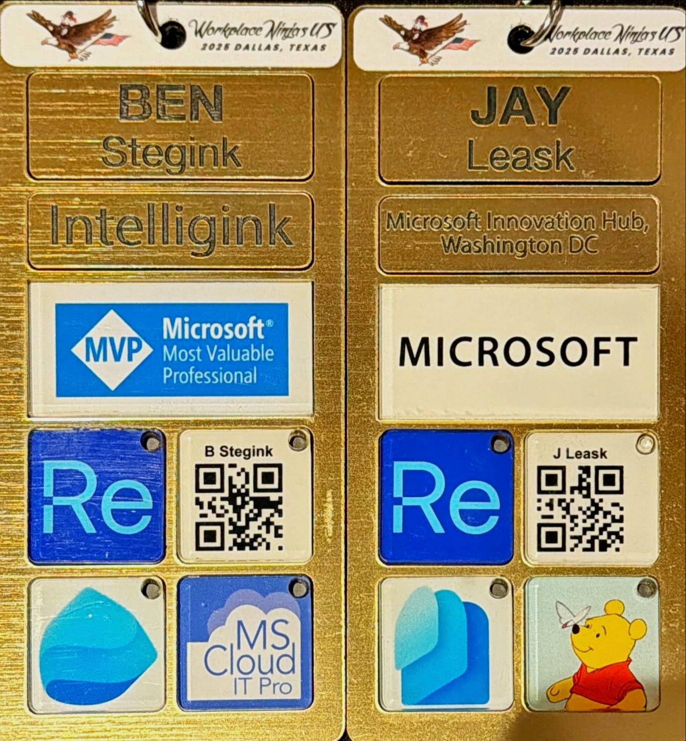 Two gold conference badge backs from Workplace Ninjas US 2025 in Dallas, Texas, displayed side by side. One badge reads “Ben Stegink – Intelligink” with a Microsoft MVP logo, QR code, and Microsoft-related icons. The other reads “Jay Leask – Microsoft Inn