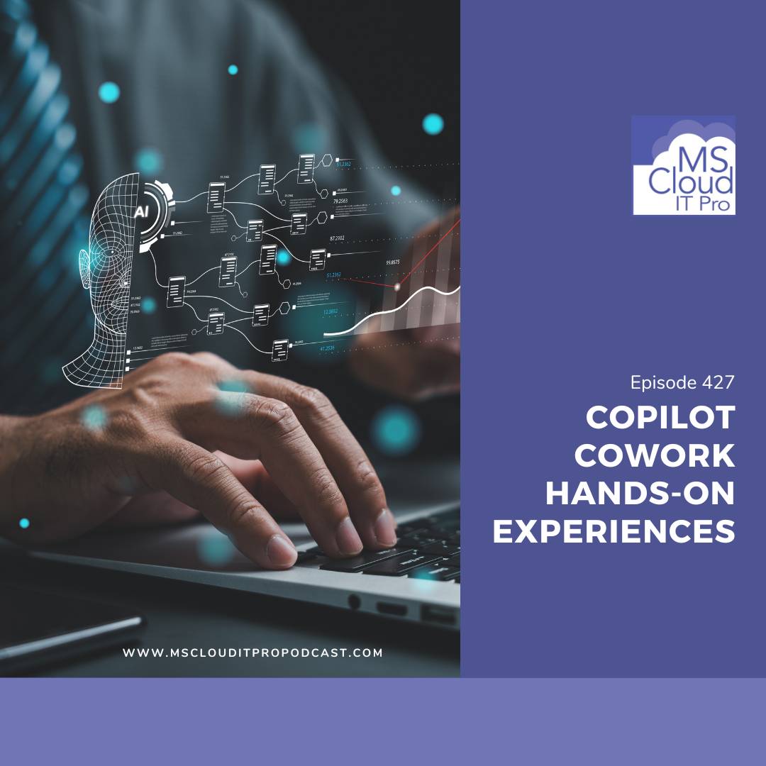 Podcast Episode 427 cover featuring hands typing on a laptop with AI workflow graphics representing Microsoft 365 Copilot Cowork and enterprise collaboration tools.