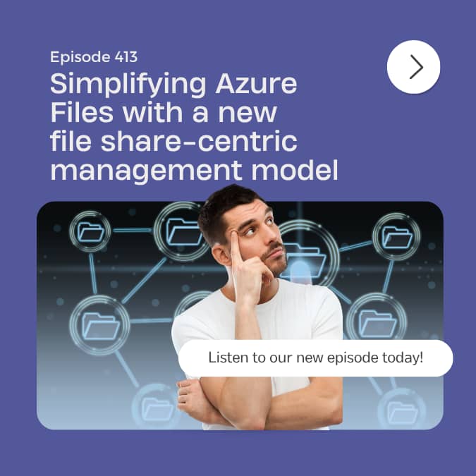 Man thinking in front of a digital network of folder icons, representing Azure Files’ new file share-centric management model.