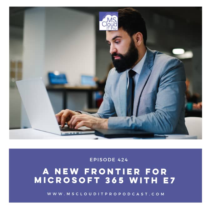 Professional man in a suit working on a laptop representing enterprise productivity alongside Microsoft Cloud IT Pro Podcast Episode 424 about Microsoft 365 E7.