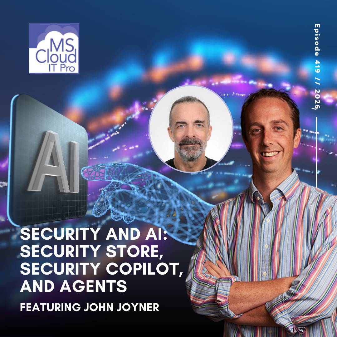 Podcast Episode 419 cover featuring a discussion on Microsoft Security Copilot, AI agents, and the new Security Store.
