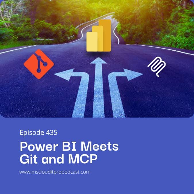Podcast Episode 435 cover titled “Power BI Meets Git and MCP,” featuring a three-way road with Power BI, Git, and MCP icons representing the convergence of AI, version control, and Power BI development.