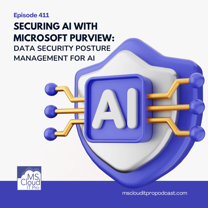 Podcast Episode 411 cover highlighting Microsoft Purview Data Security Posture Management (DSPM) for AI and organizational security.