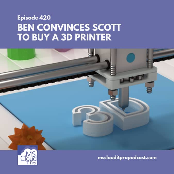 Podcast Episode 420 cover showing Ben and Scott discussing 3D printers and new tech gadgets in a casual podcast setting.
