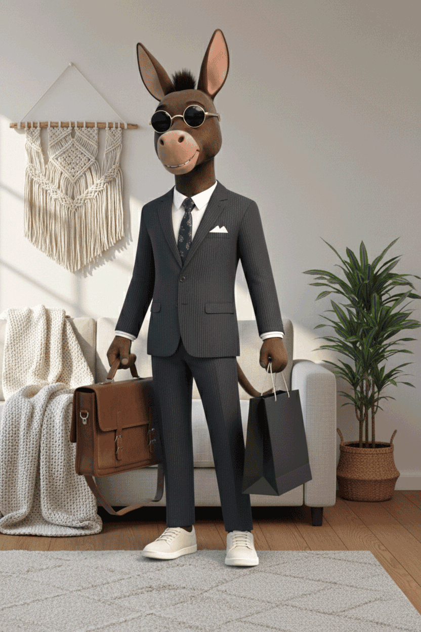 Suave donkey in a suit representing Smart Shopping Curations for Shop My Ass Off.