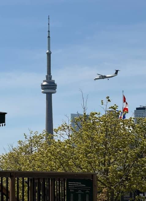 Airplane flying past toronto's iconic cn tower and skyline.