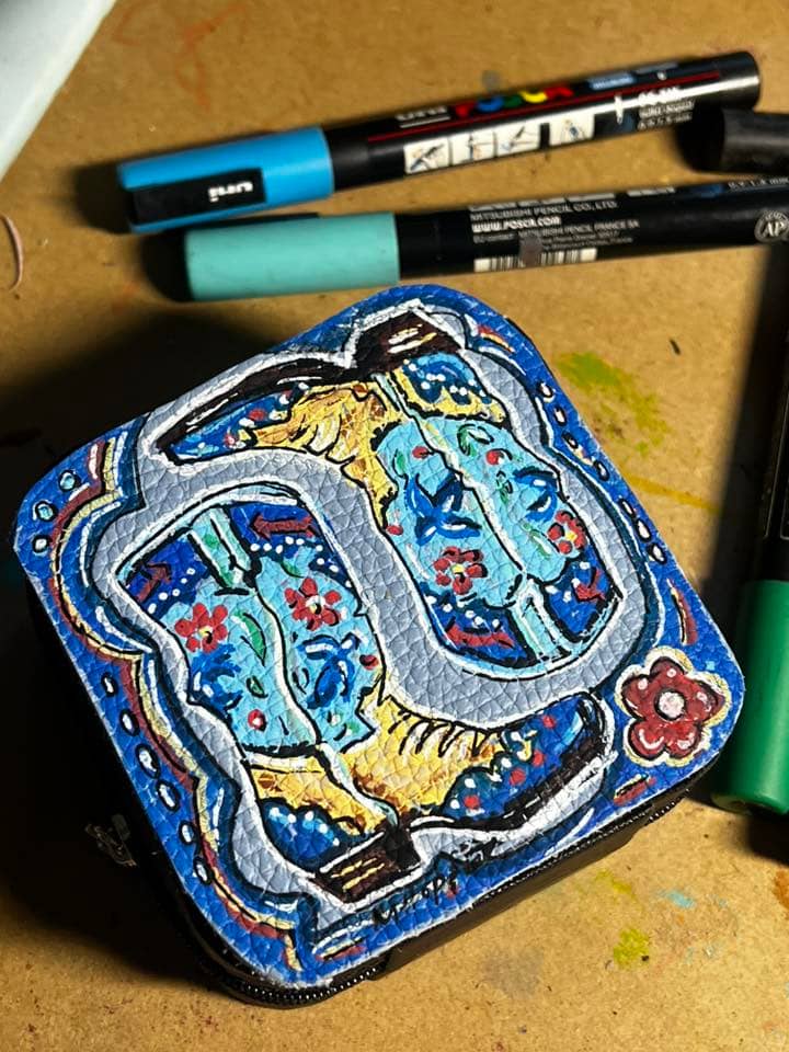 Hand-painted leather jewelry box by Michelle Hopper