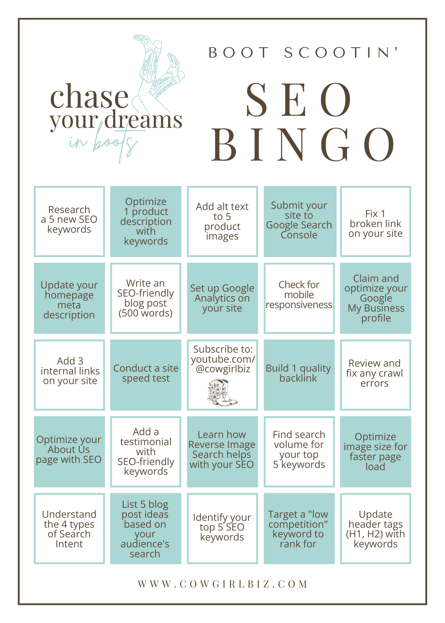 Meet the Boot Scootin' SEO Bingo Game... the easiest way to learn SEO. 