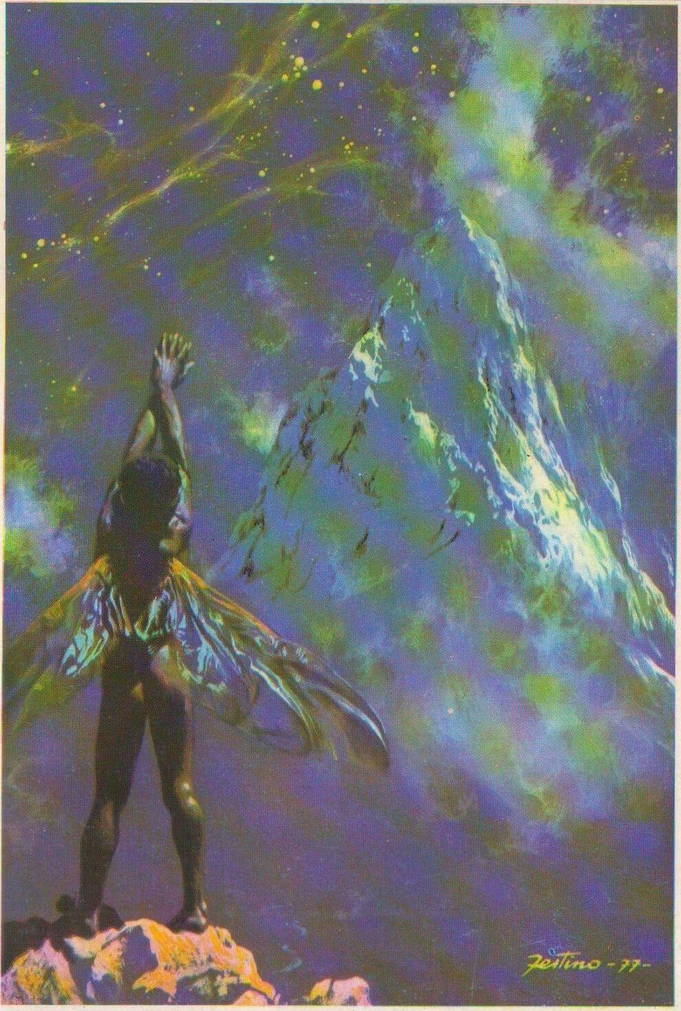 naked person with insect wings, covered in shadow raisies their hands while standing on the edge of a cliff before a giant mountain in the distance