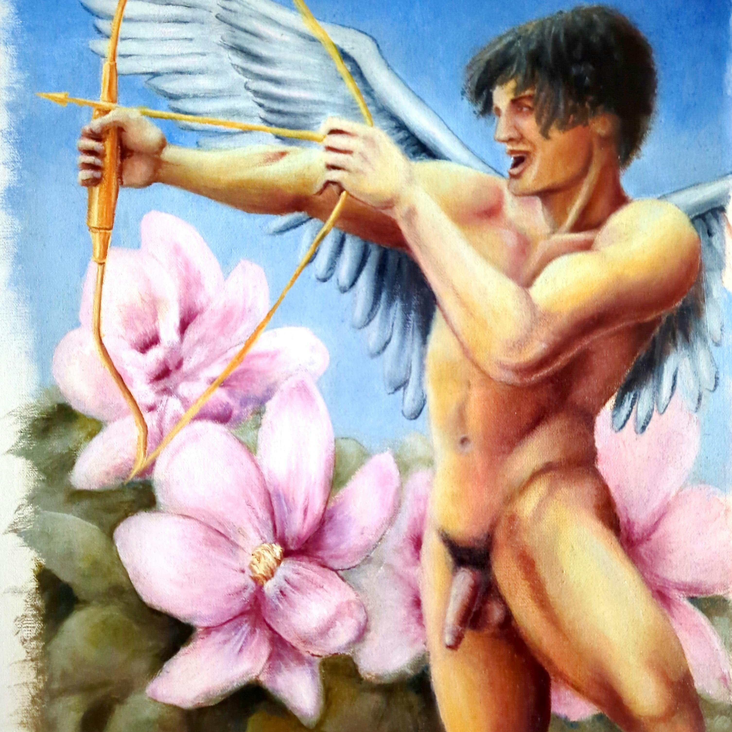the complete painting: a muscular, nude, male angel against a pristine blue sky, graced by large magnolia blossoms. he's grinning impishly and aiming a golden bow and arrow at an unseen target