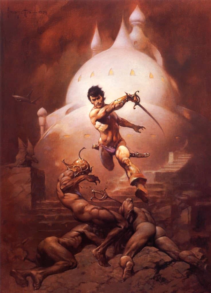 painting of nearly naked swordsman leaping over nearly naked writing aliens in front of an alien city