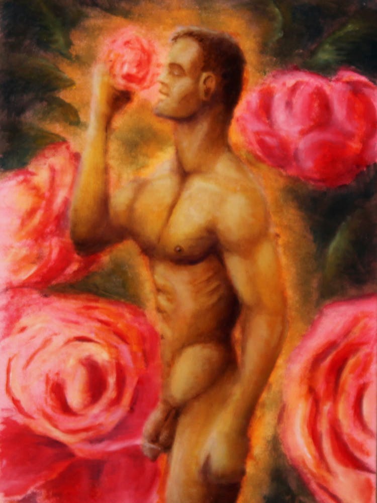 painting of golden, muscular beauty smelling the roses