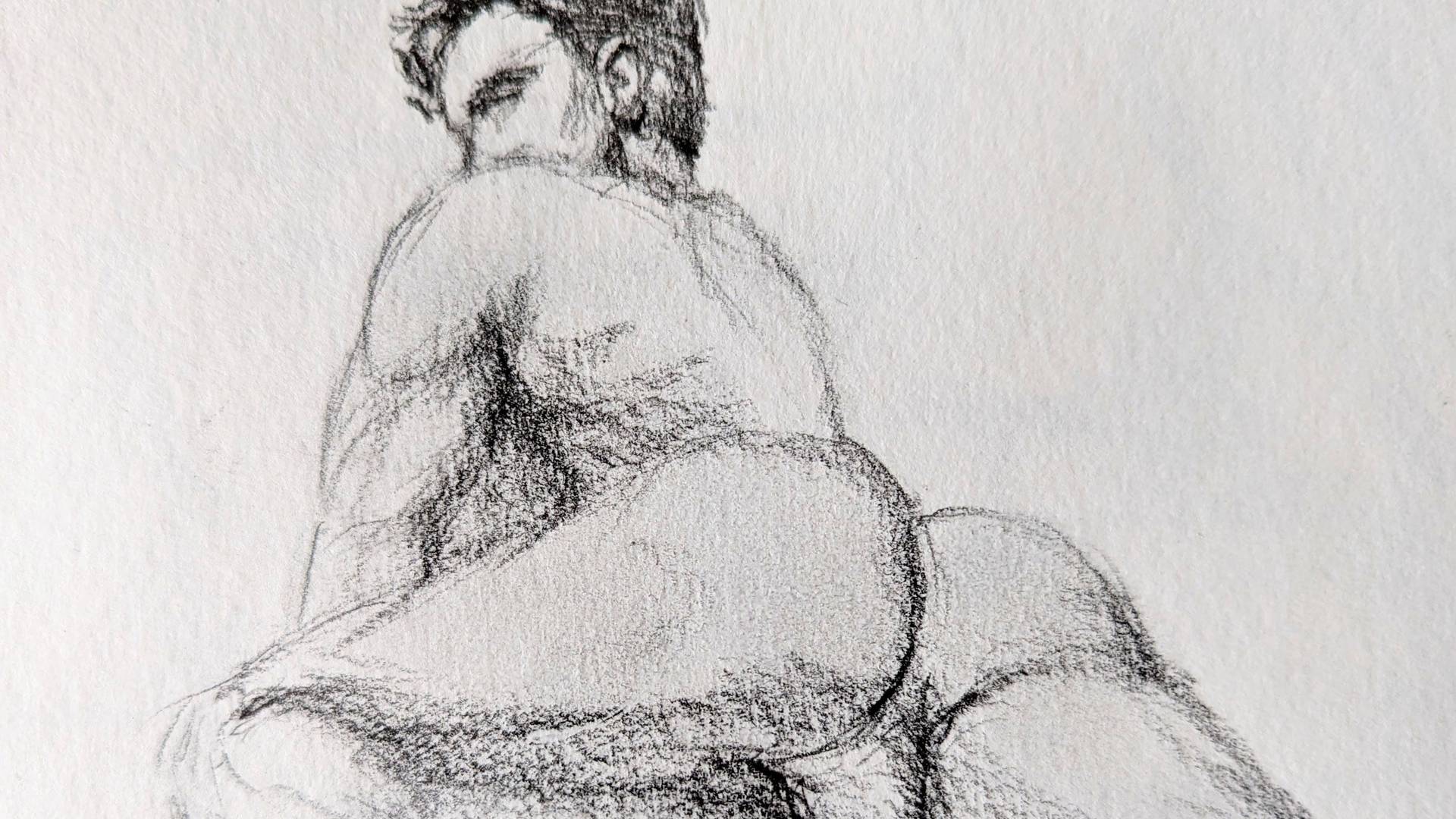 graphite drawing of nude male, from behind