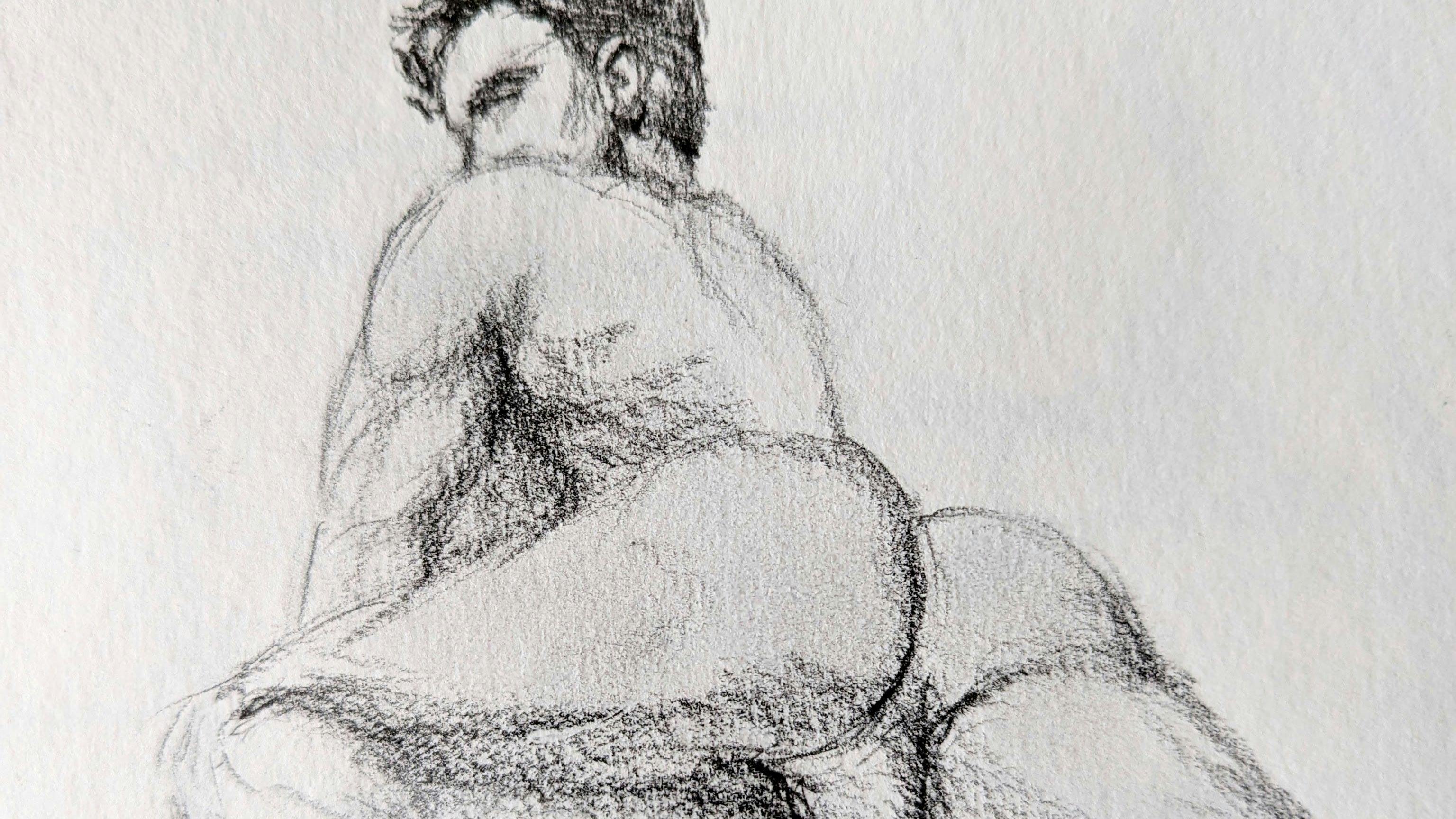 graphite drawing of nude male, from behind