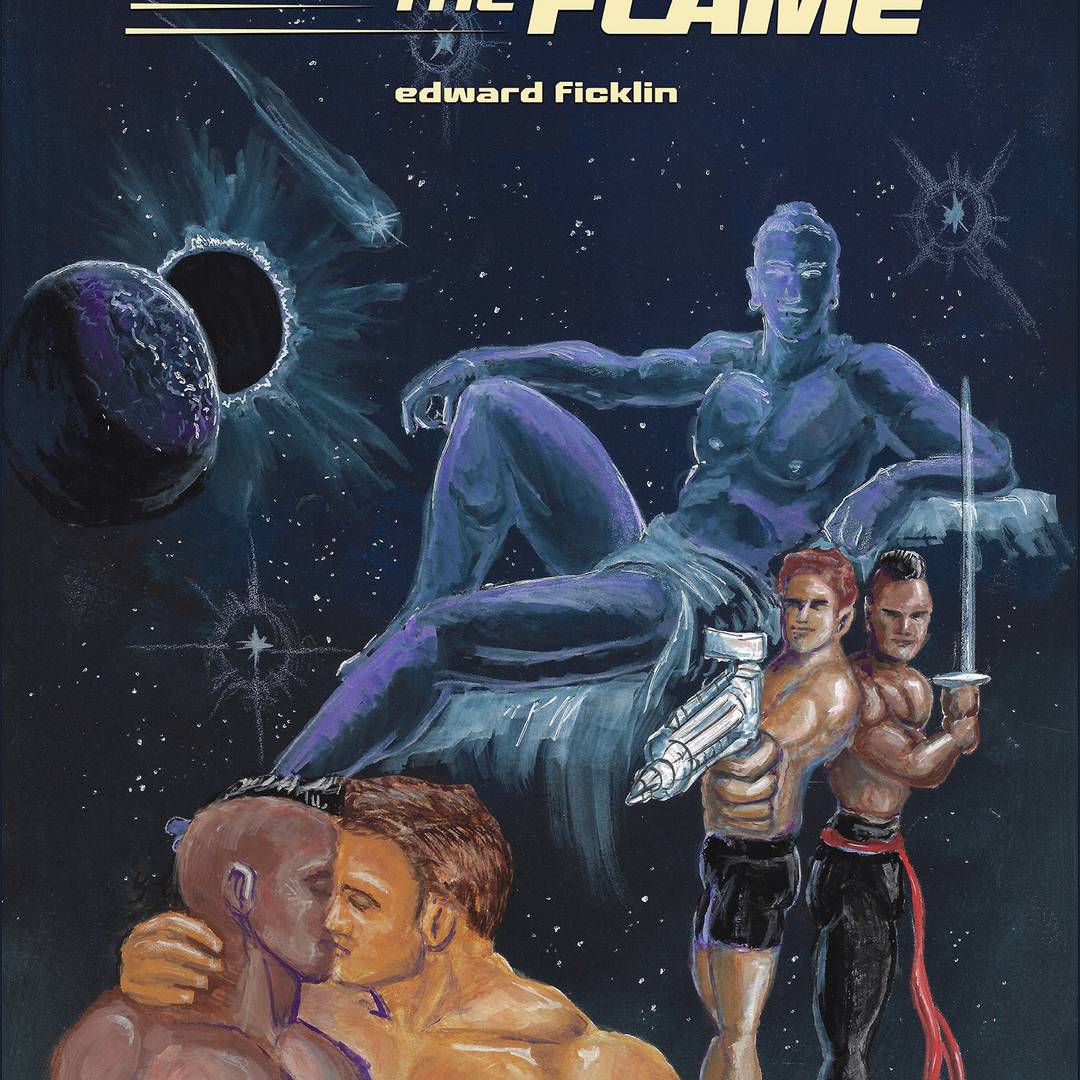 comic book cover, Chasing the Flame by Edward Ficklin, showing sexy himbo heroes fighting and kissing