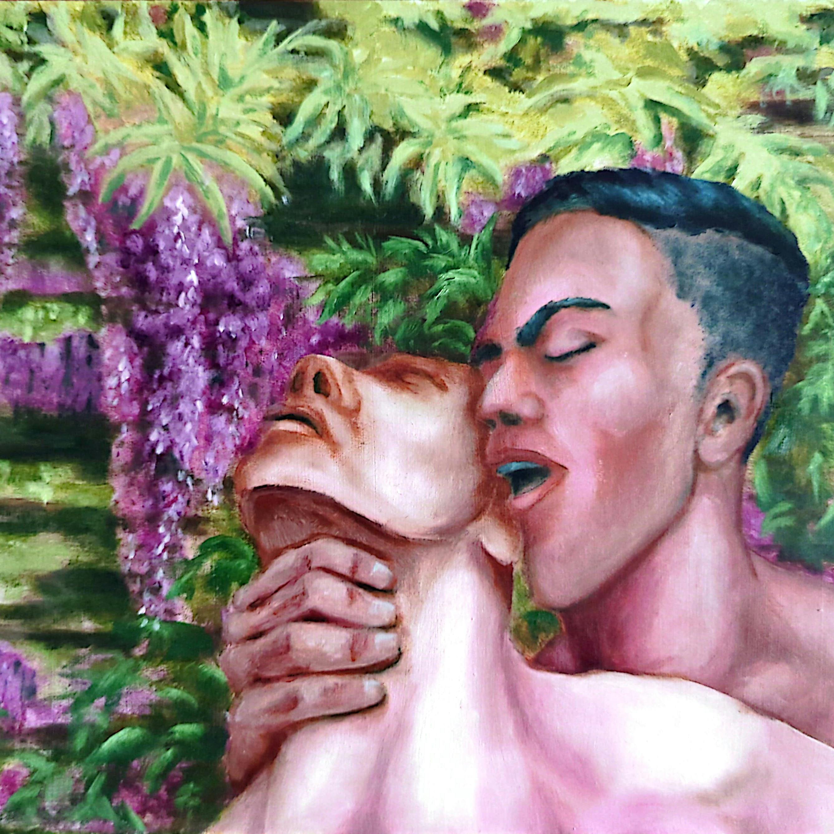 painting of two men against a backdrop of wisteria