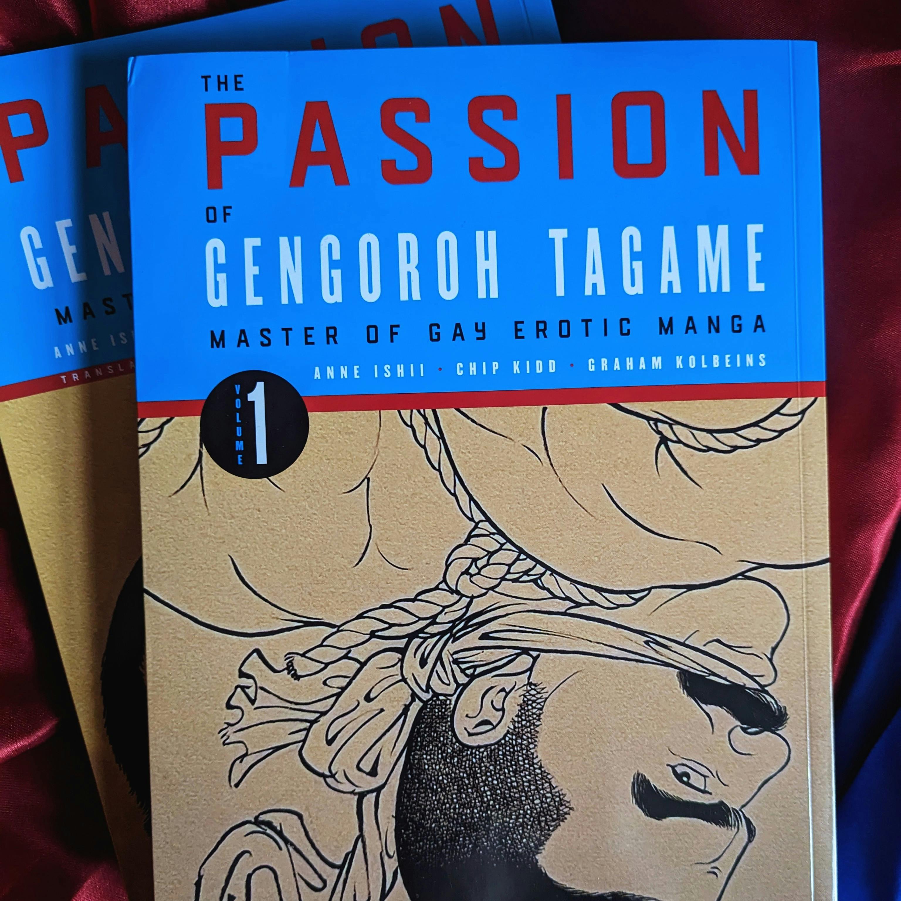 cover of volume 1 of The Passion on Gengohor Tagamae; features line art of bound and gagged hunky male