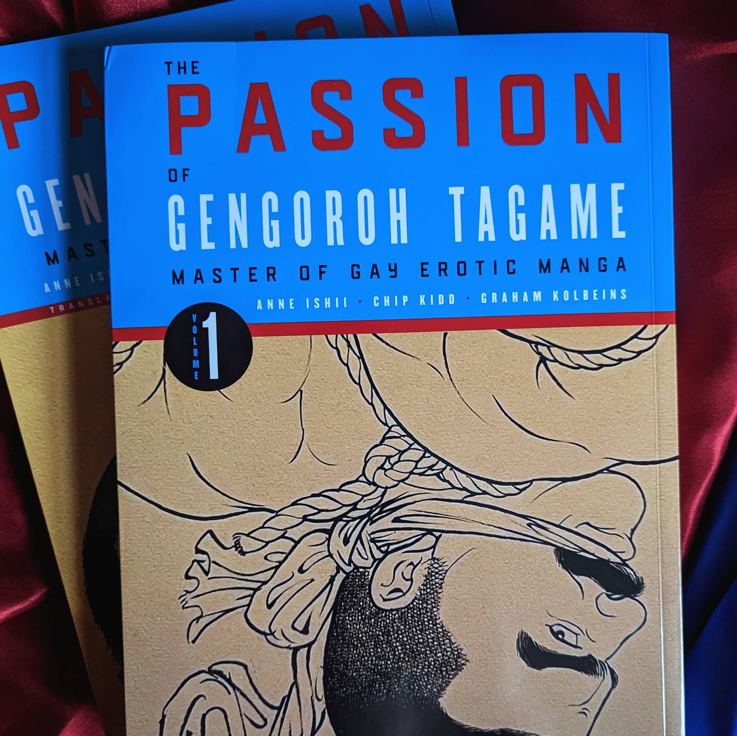 cover of volume 1 of The Passion on Gengohor Tagamae; features line art of bound and gagged hunky male