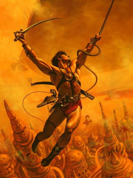 nearly naked john carter suspended from a rope and being chased by airships