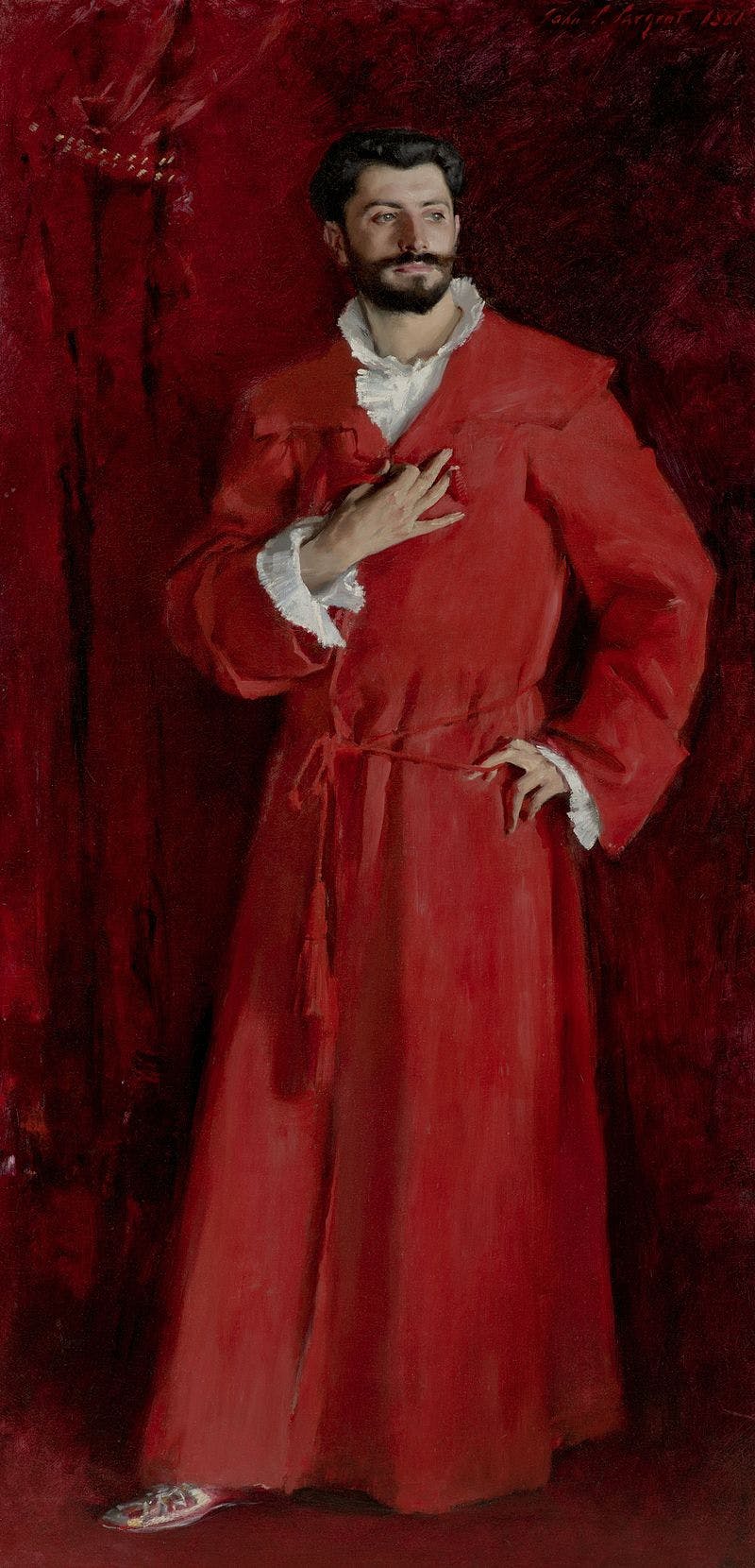 painted portrait of elegant man in striking red robe, hand cocked on his hip looking enigmatically off to the site