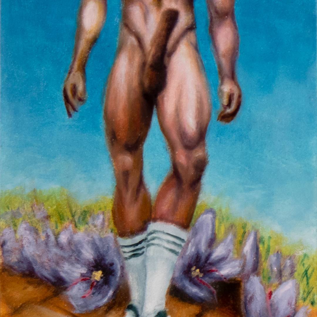painting of standing male figure from the neck down; he's naked except for athletic socks and chuck taylor sneakers; he's standing on a yellow brick road flanked by impossibly large crocus flowers