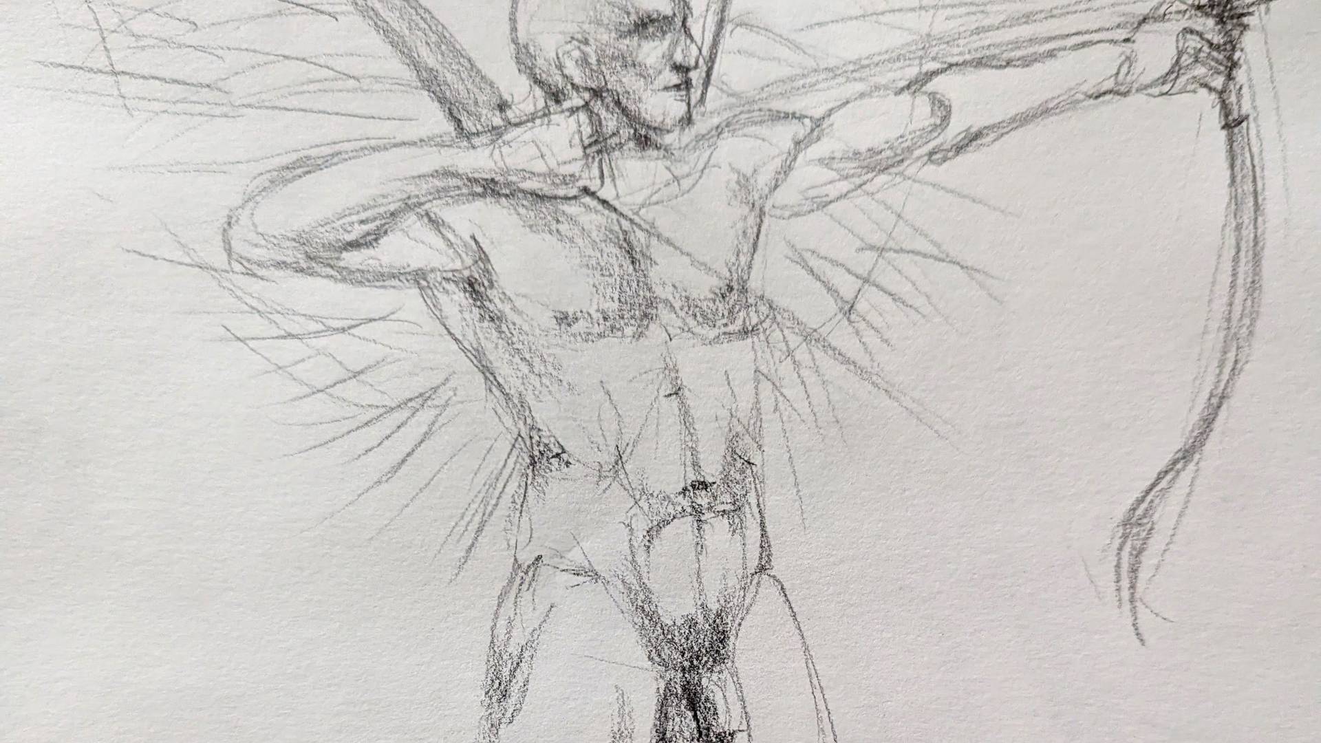 graphite drawing of nude male, with angel wings pointing a bow and arrow