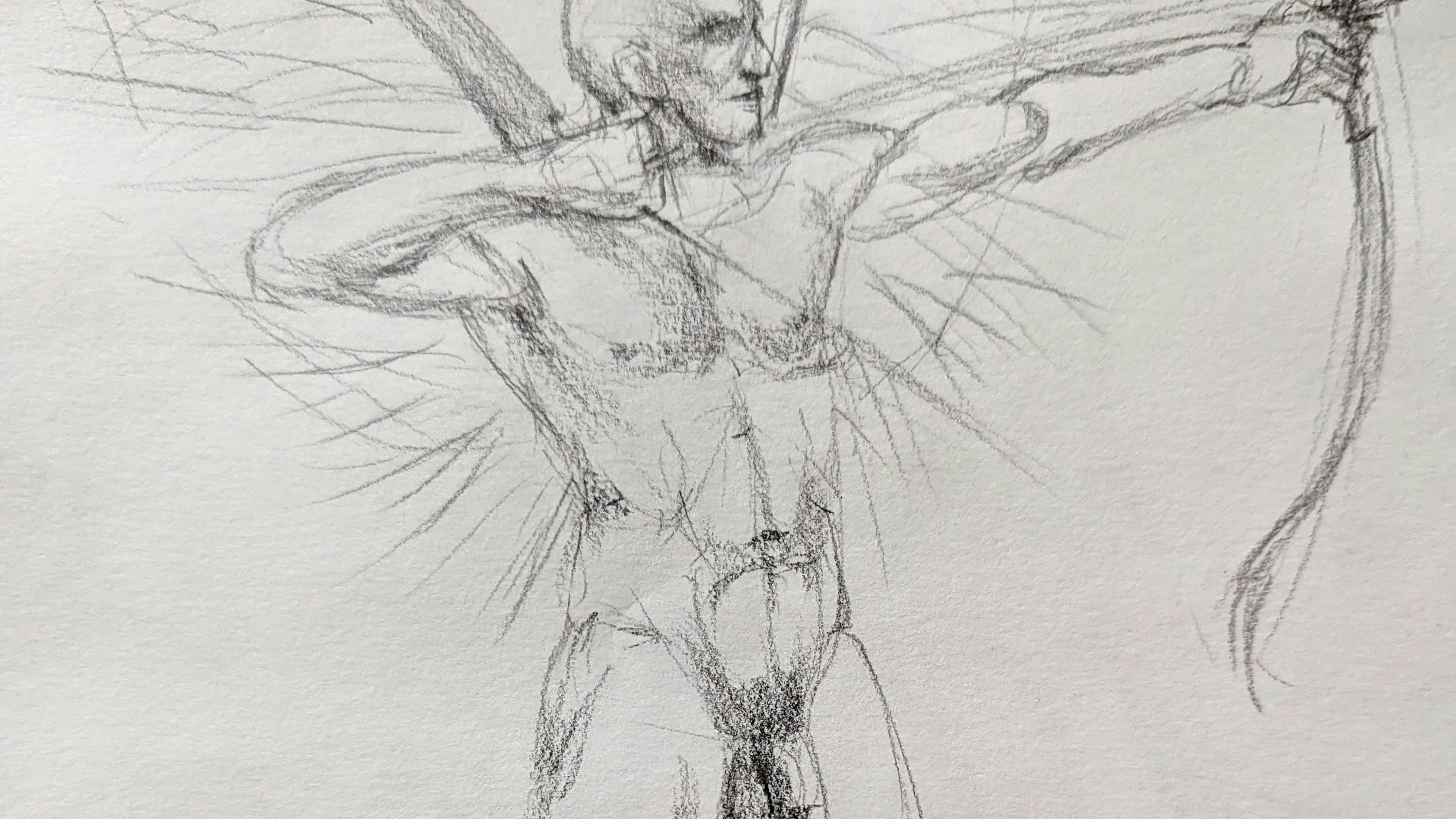 graphite drawing of nude male, with angel wings pointing a bow and arrow