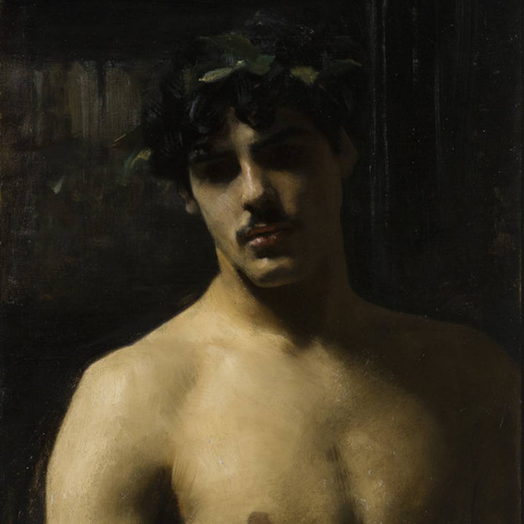 painting of shirtless male wearing laurel leaves and looking off into the distance
