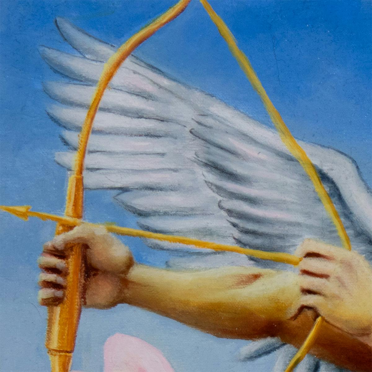 detail of an oil painting showing hands aiming a golden bow and arrow
