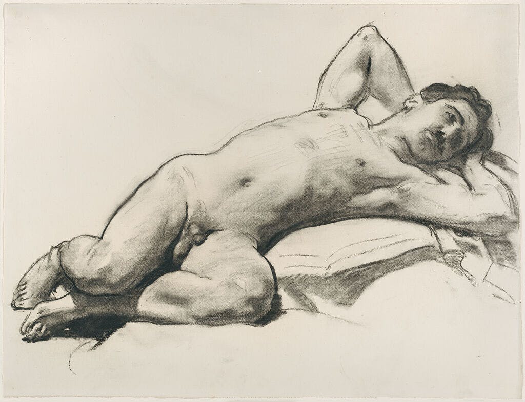 drawing on nude male laying on a couch, arms behind his head and looking off to the side