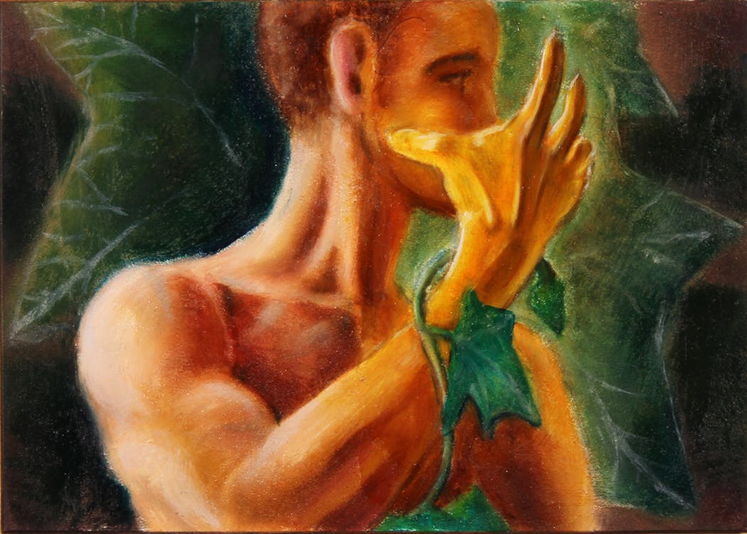 painting of shirtless white male, looking to the side intently; his hand is slowlly turning to gold and is entwined by an ivy vine