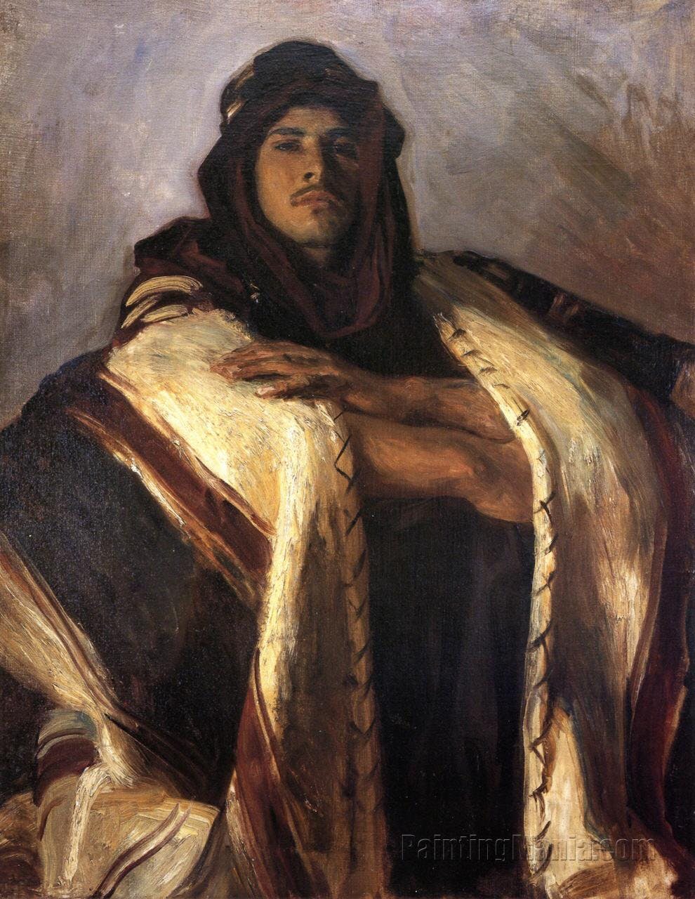 painted portrait of handsome bedouin man in turban and draped dramatically with a striped robe