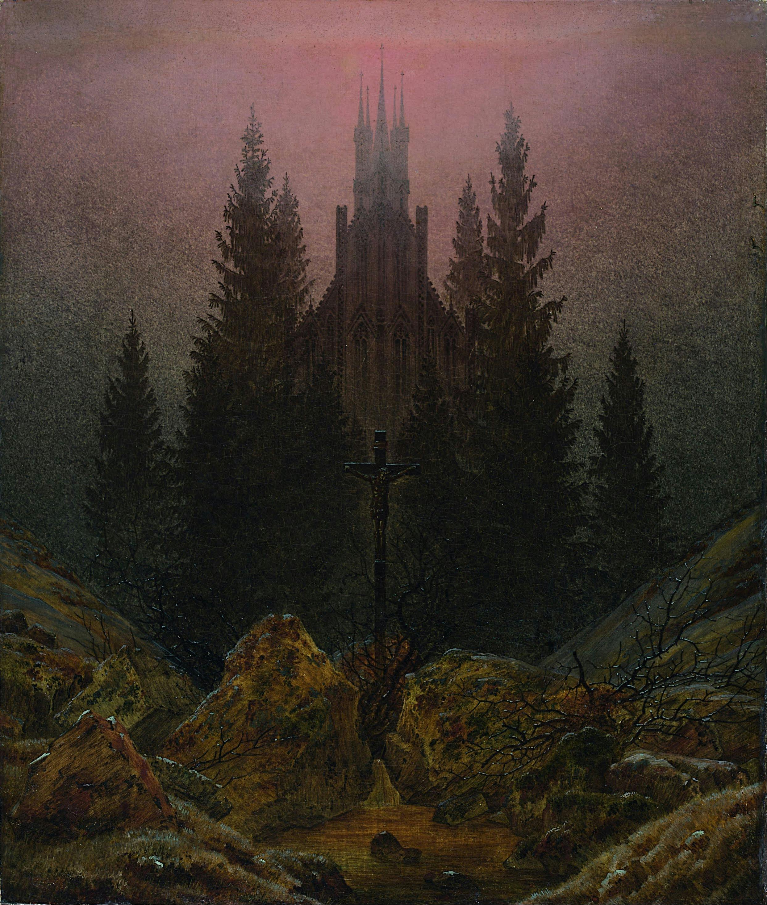 painting of lofty pine trees and a gothic cathedral in the mountains in front of a fiery sunset