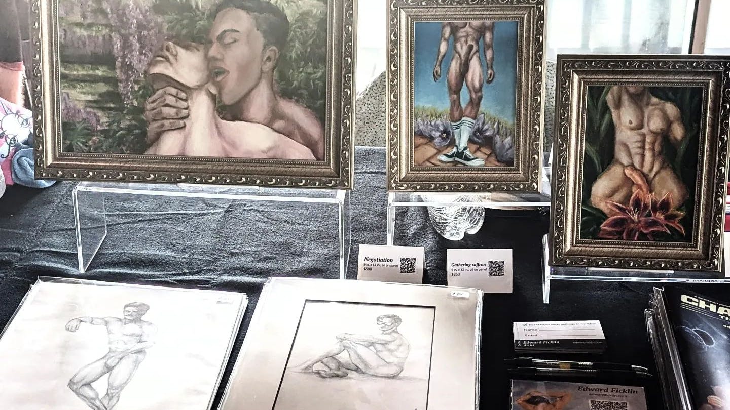 display of art for sale, painting and drawing of male nudes