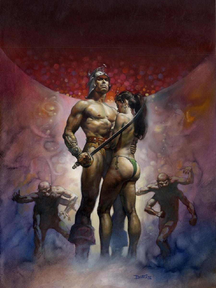 nearly naked swordsman with helmet standing heroically, with voluptuous woman in his arms against alien lanscape