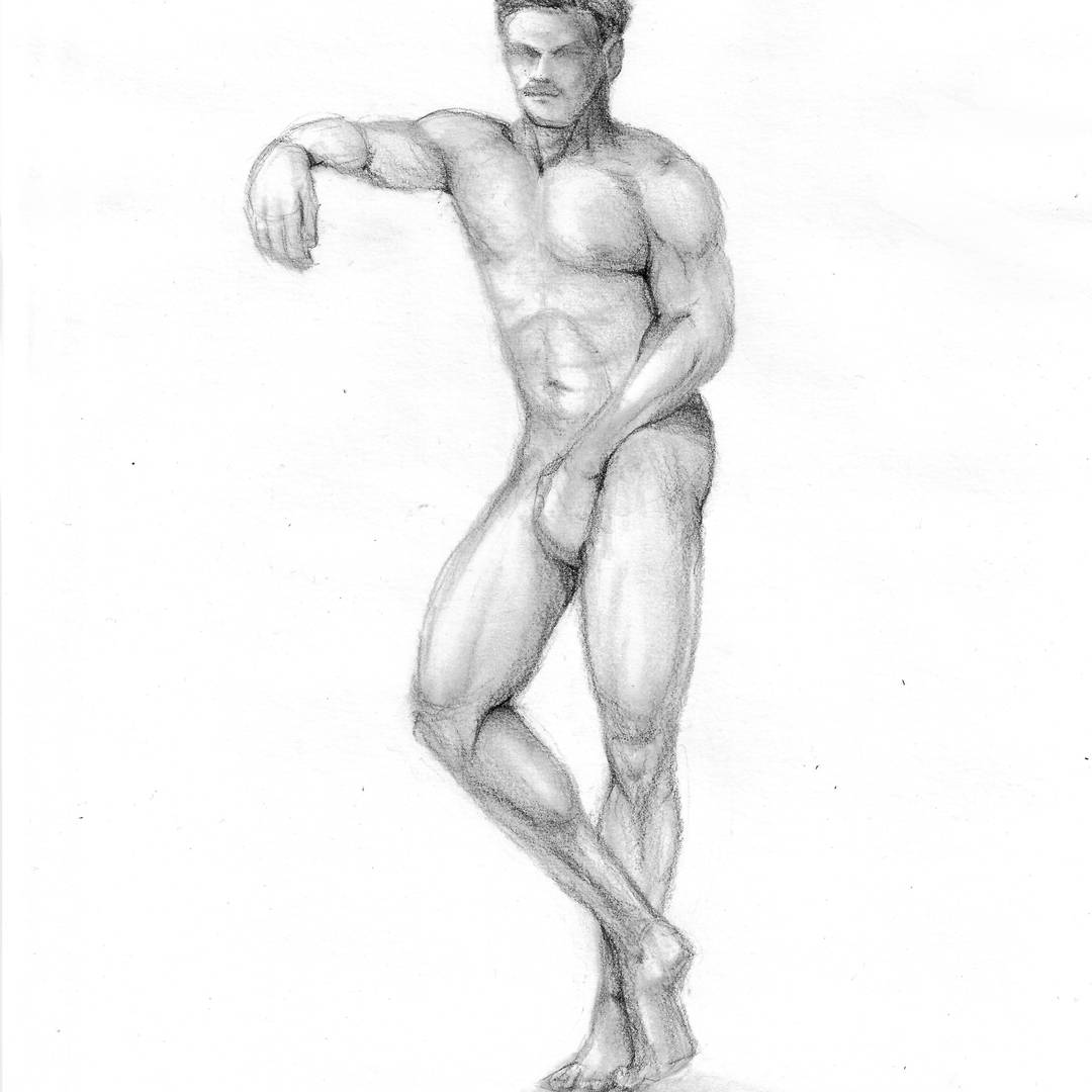 pencil drawing of standing male nude, one hand discreetly positioned, the other raised and resting on something