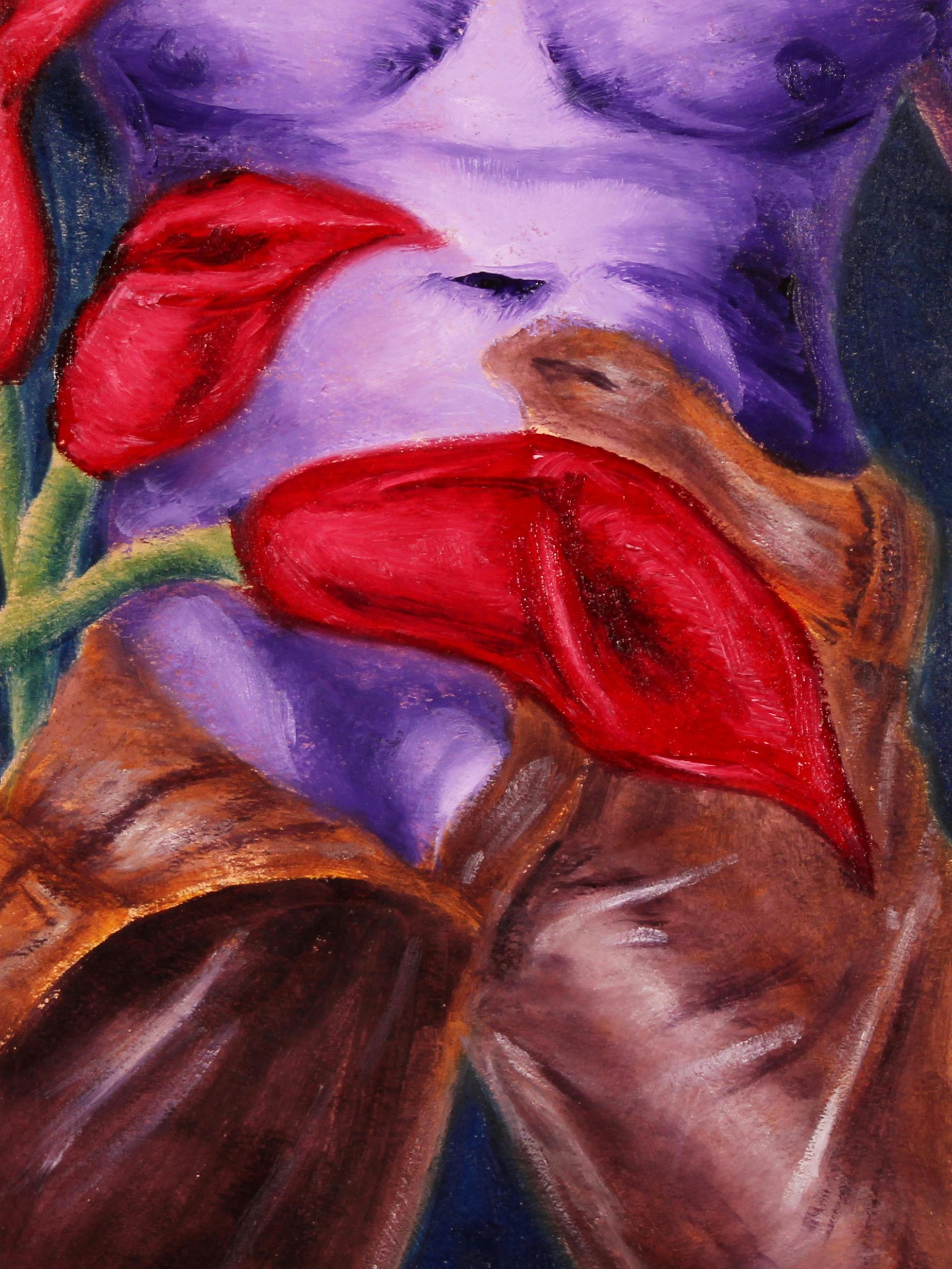 painting of purple male torso, visible erection, and bright red lilies