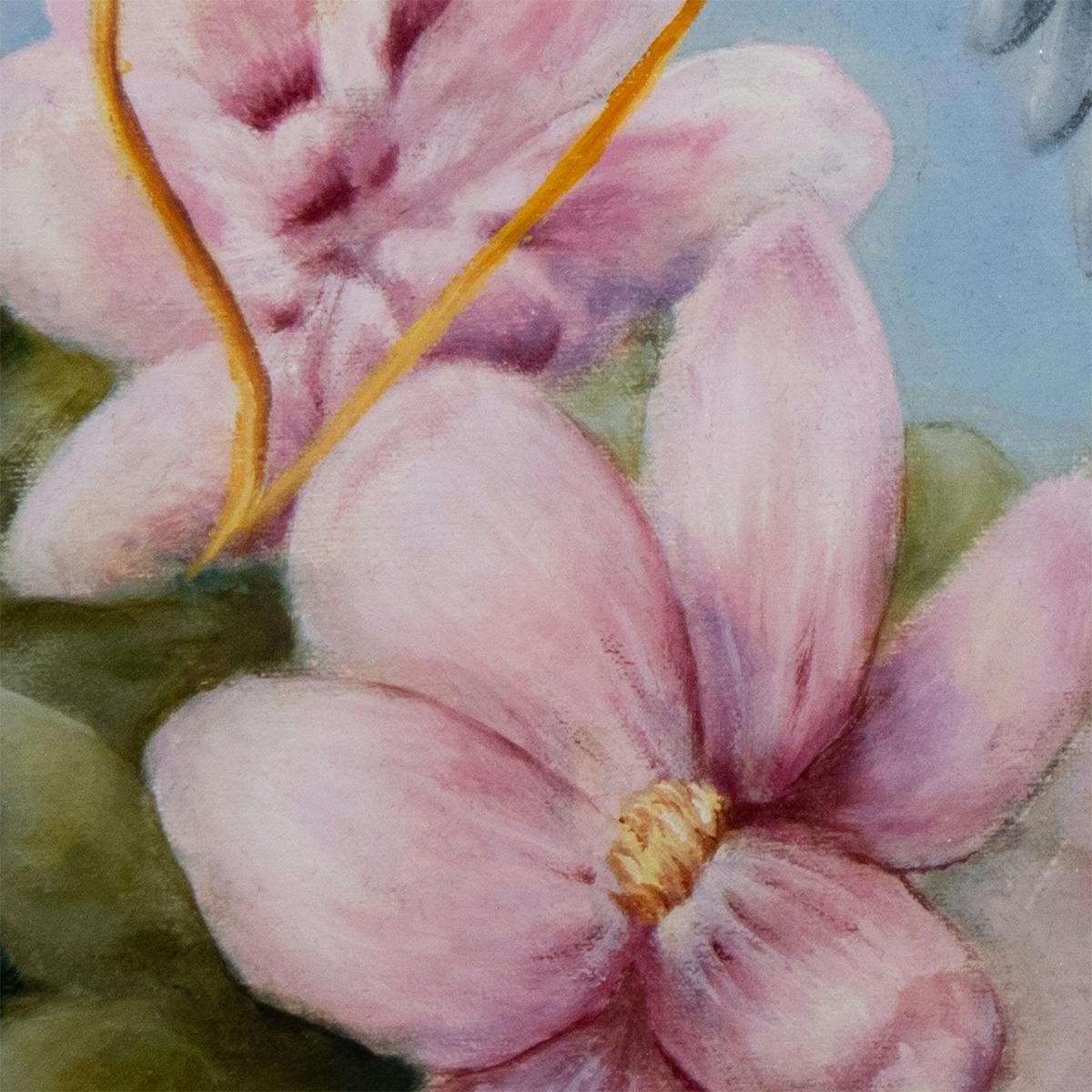 detail of an oil painting showing delicate magnolia blossoms