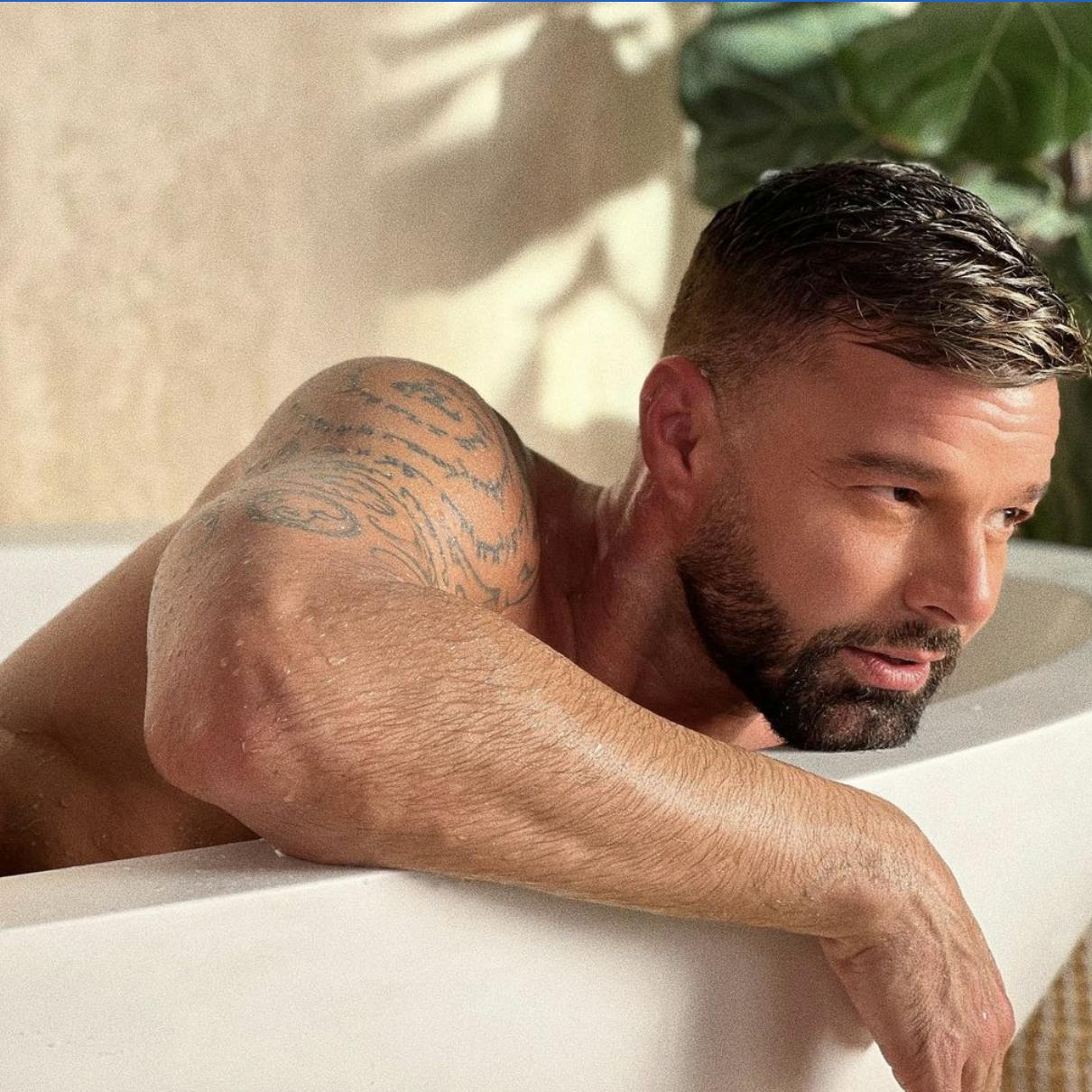 shirtless ricky martin leaning seductively over the edge of a bathtub