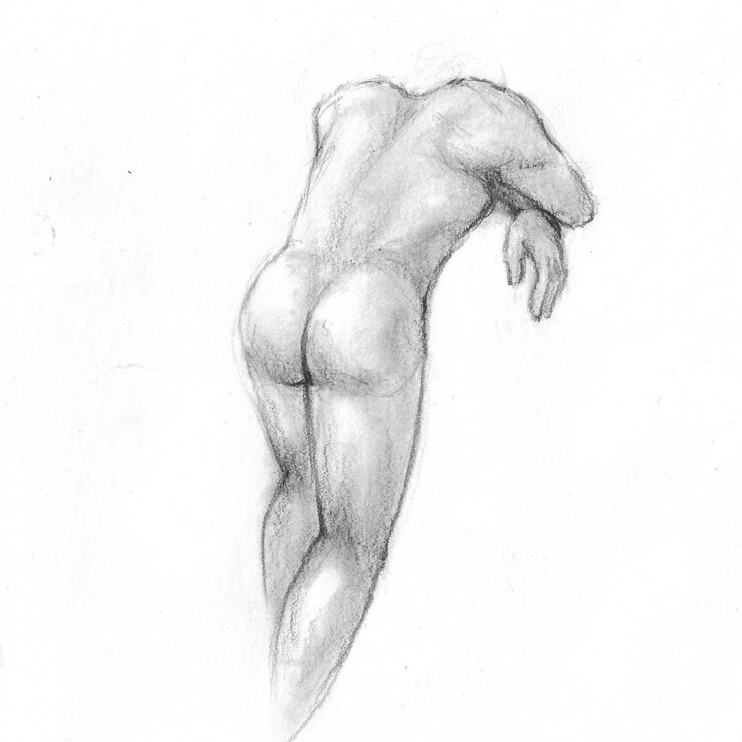 pencil drawing of nude male figure from behind, leaning over, head bent down and on relaxed hand visible
