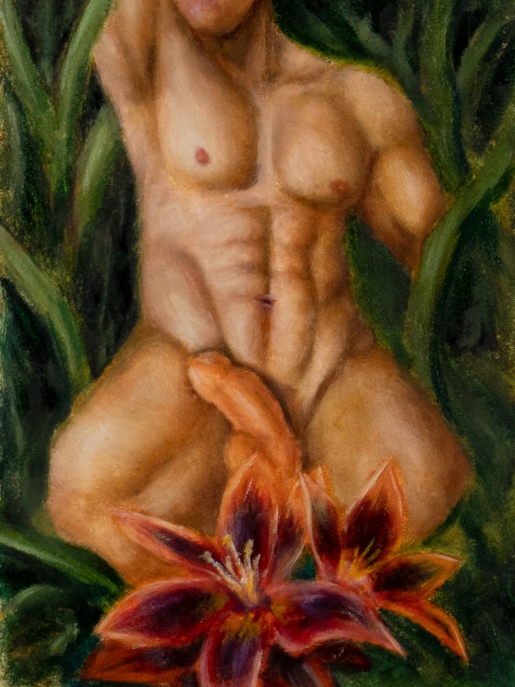 painting of golden hued male torso, semi-erect, graced by tiger lilies